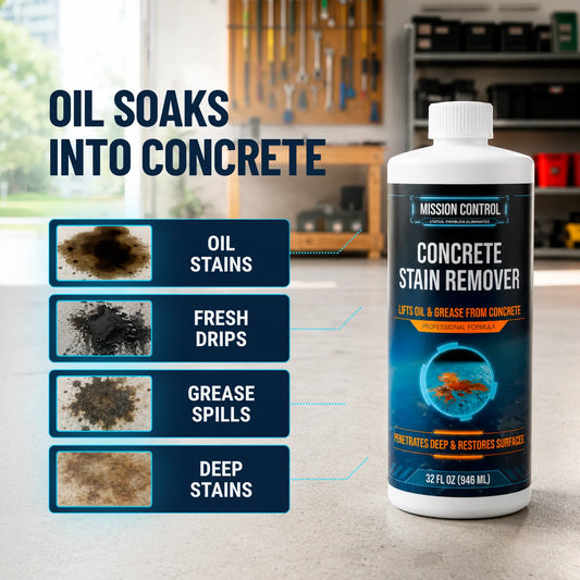 Concrete Stain Remover 32 oz bottle beside oil stain on driveway