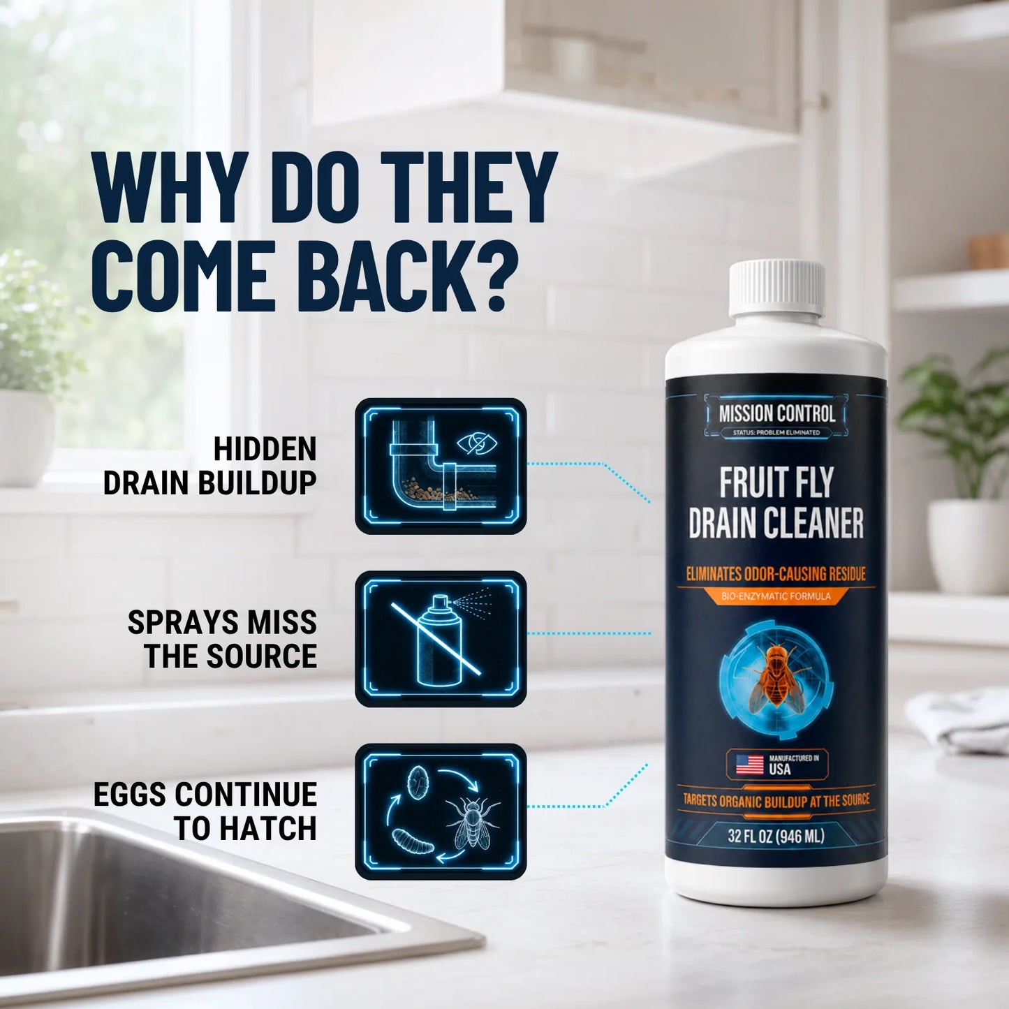 Fruit Fly Drain Cleaner sprayed into kitchen sink drain
