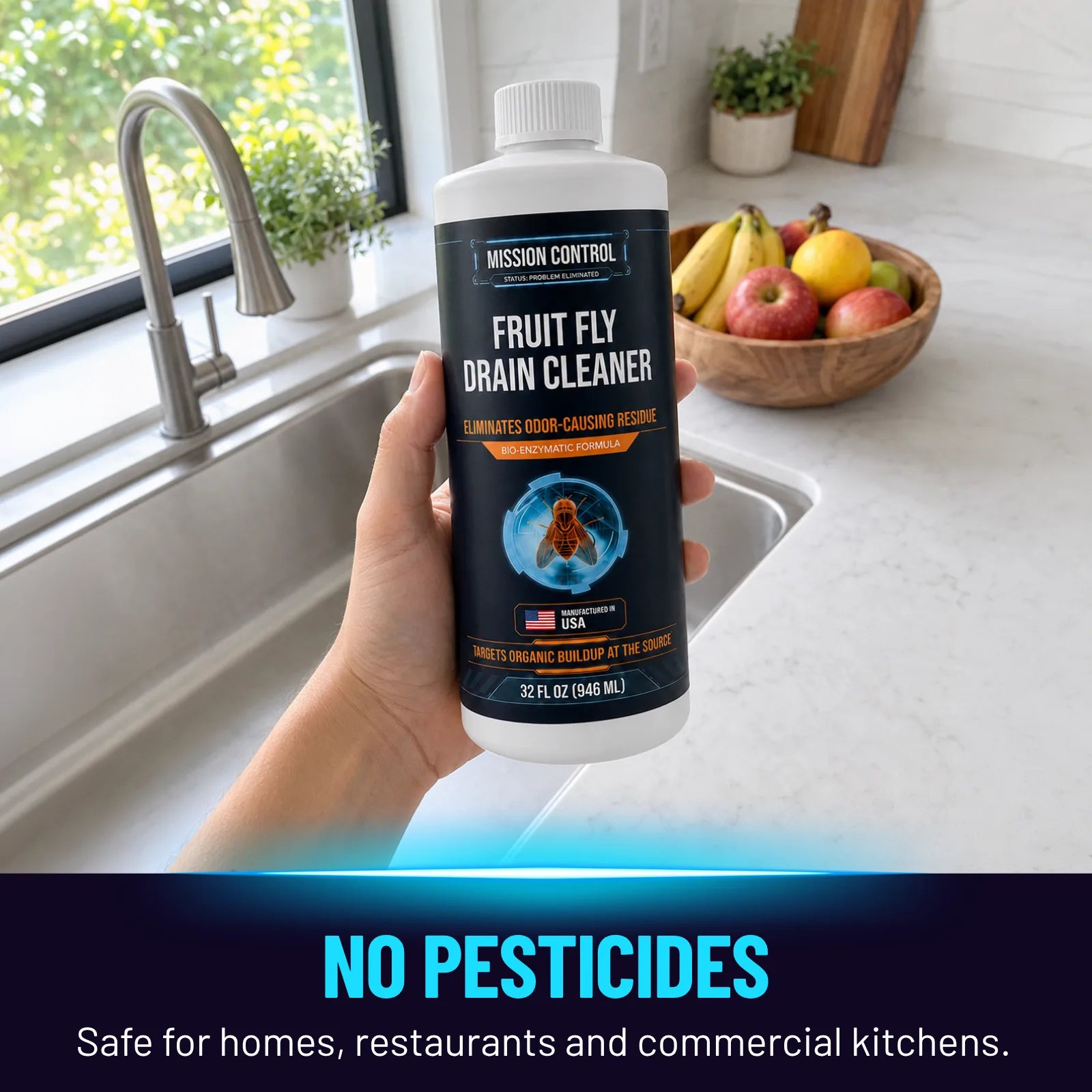 Fruit Fly Drain Cleaner packaging from Mission Control Goods