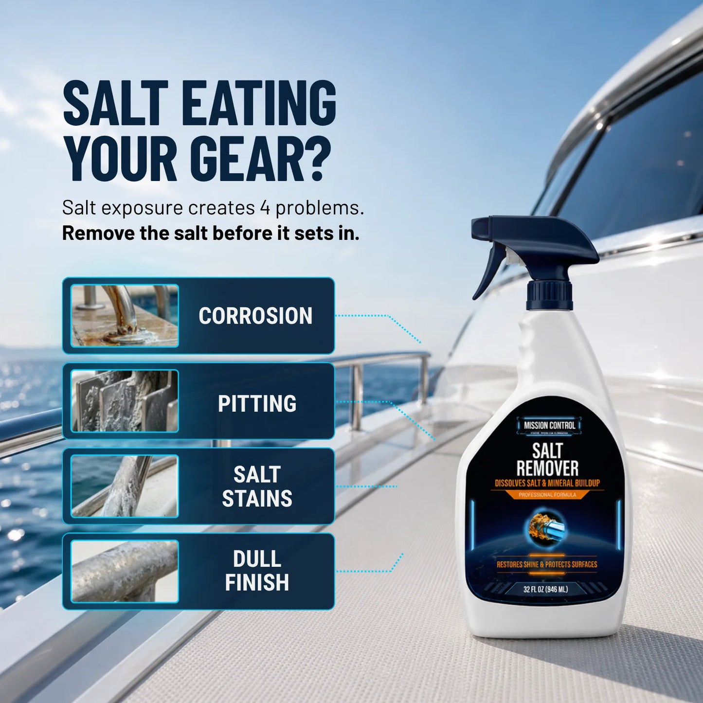 Salt Remover Spray dissolving salt buildup on boat hardware