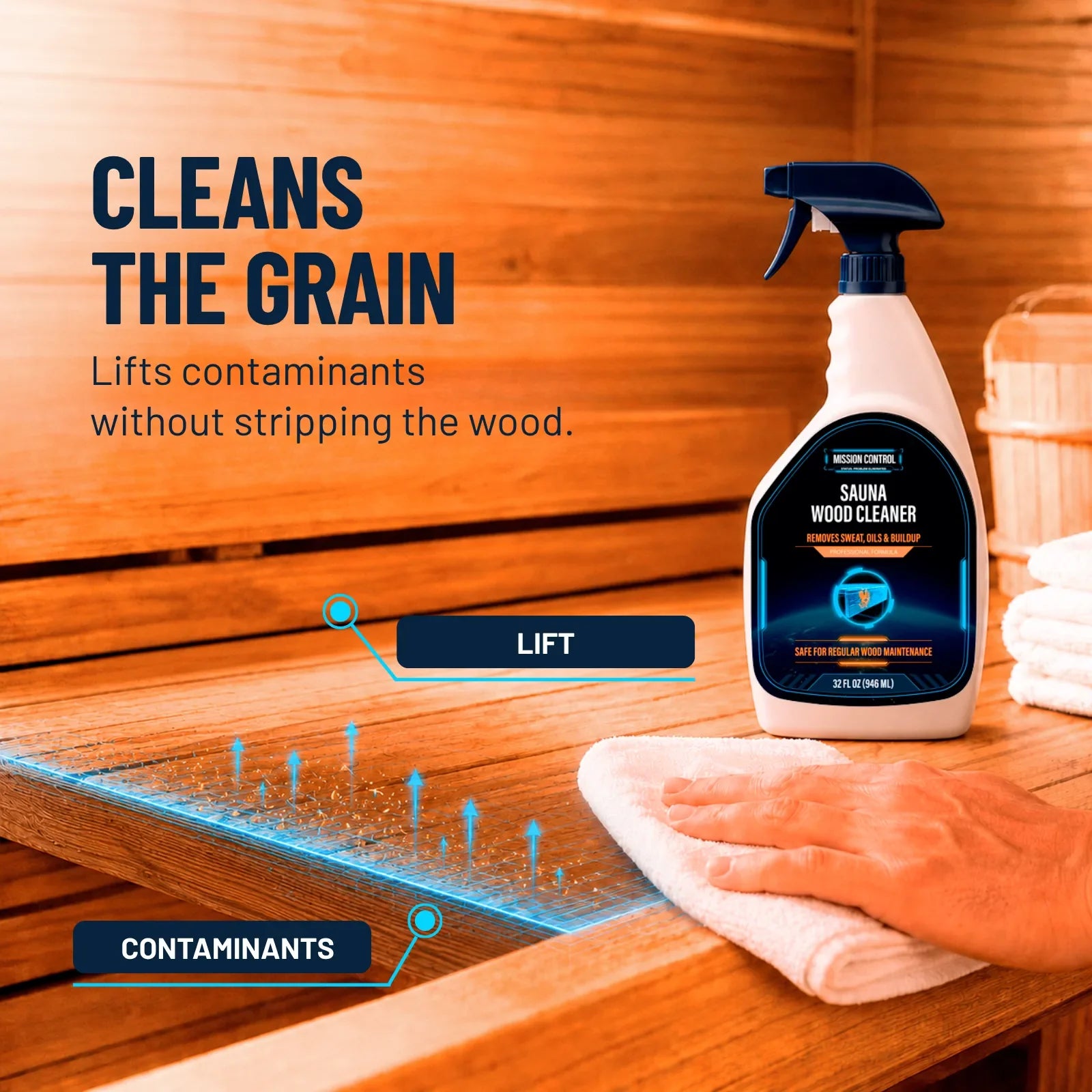 Sauna Wood Cleaner wipe application with the wood grain