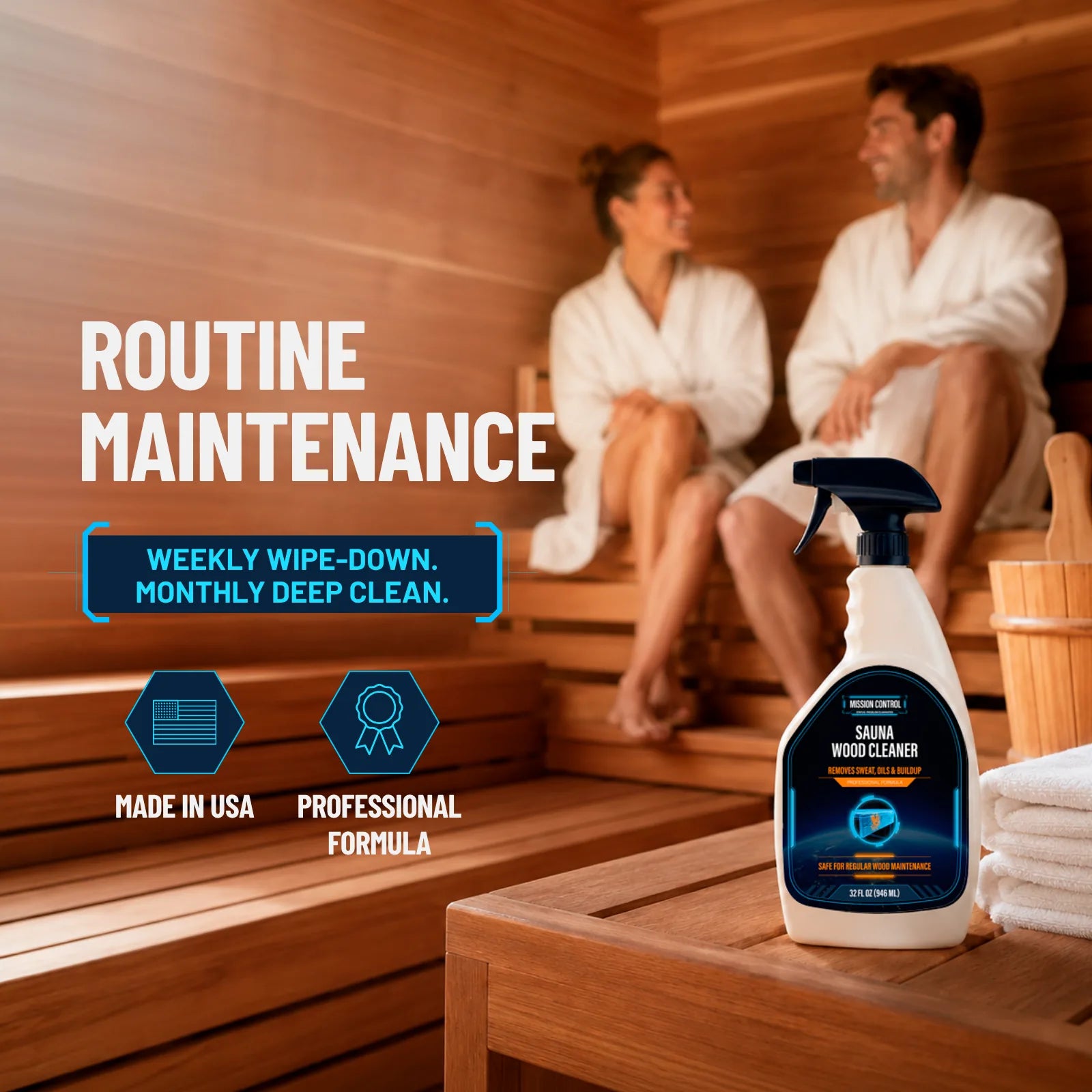 Sauna Wood Cleaner suitable for home saunas, gyms, and spas
