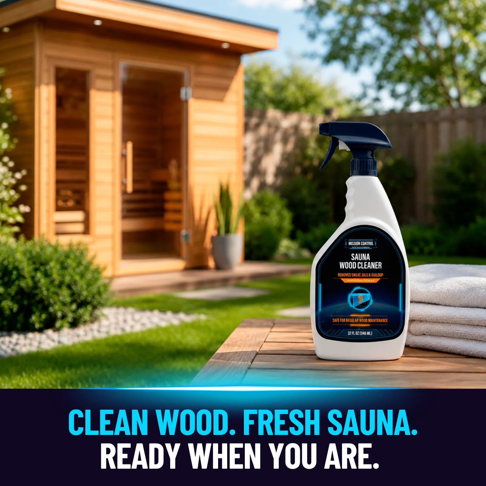 Sauna Wood Cleaner packaging from Mission Control Goods